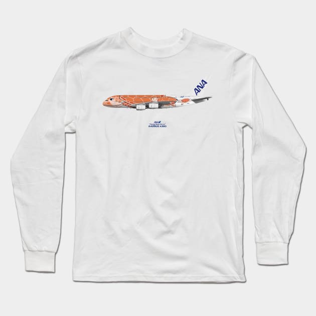 Illustration of ANA Airbus A380 - Flying Honu Ka La Long Sleeve T-Shirt by SteveHClark